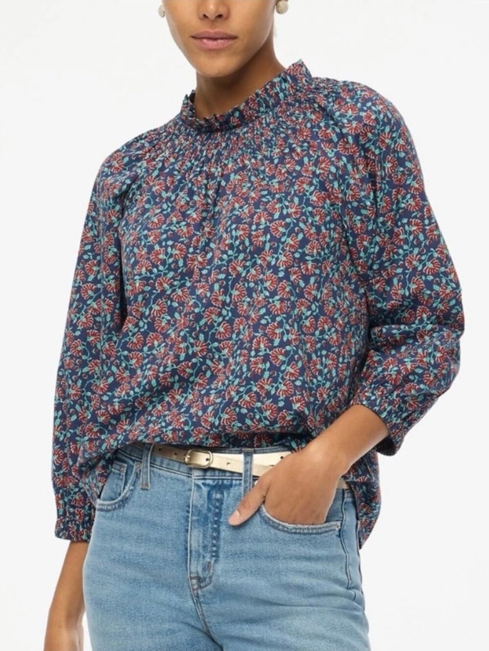 NWT J. Crew Floral Printed Smocked Neck Top Size Medium Cottage Boho Prairie